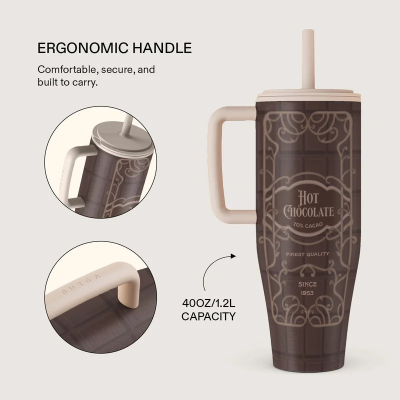BURGA Burga 40oz (1.2L) Insulated Stainless Steel Tumbler with Handle & Leakproof Straw Lid – Double Wall Vacuum Travel Mug, Keeps Drinks Hot up to 12 Hours & Cold All Day, Cup Holder Friendly Reusable Bottle Hot Chocolate